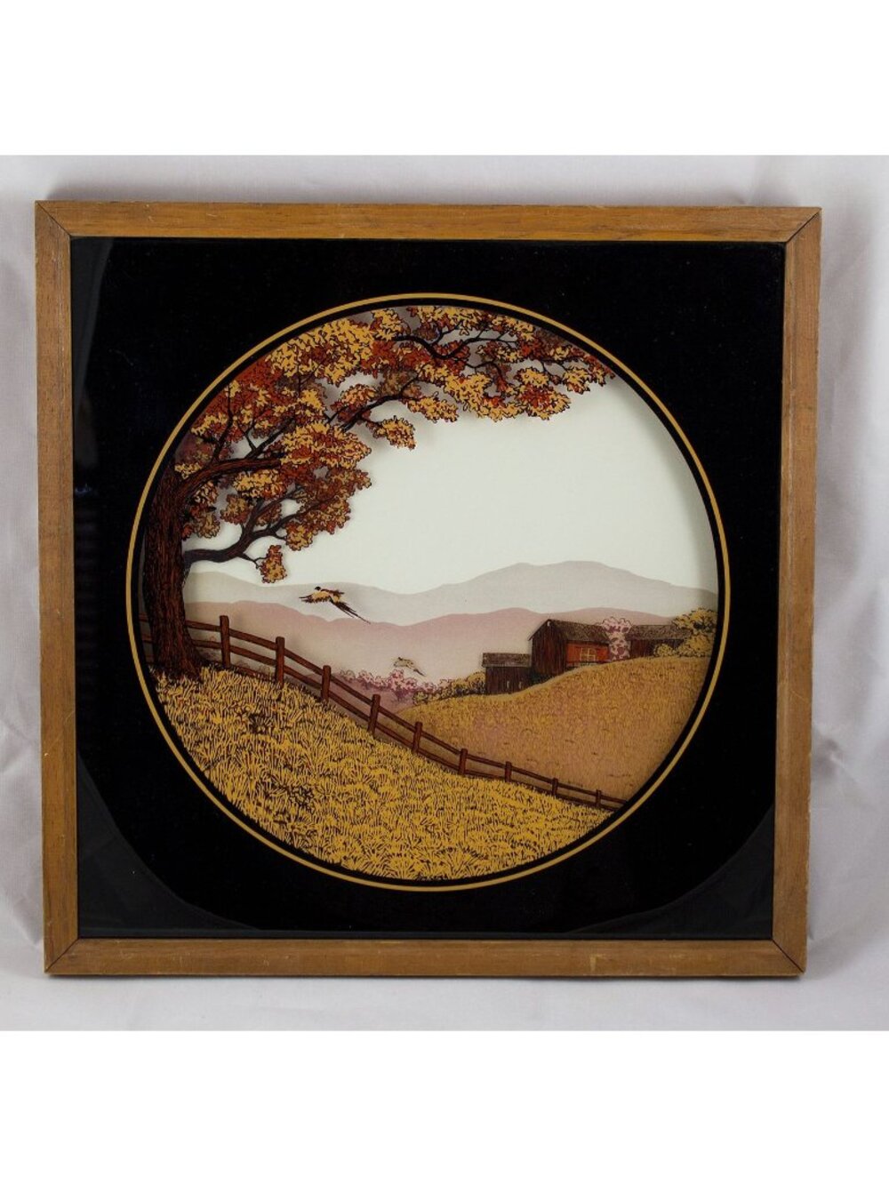 Vtg Tom Cryer Reverse Painting on Glass MCM 3D Art Autumn Pheasants Framed 1970s